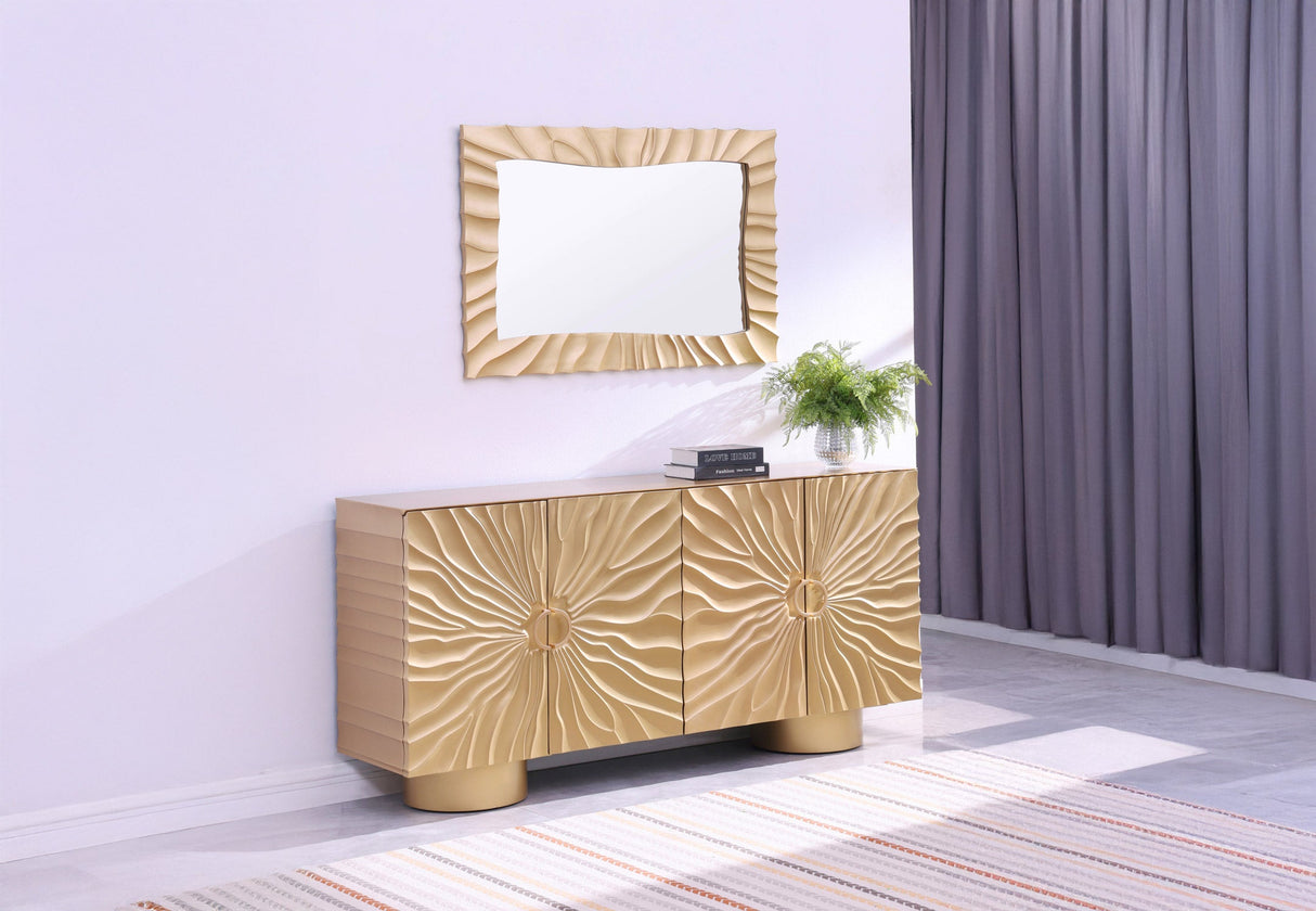 Front view of Cyrus 4-Door Buffet showing textured door panels and poly matte finish.