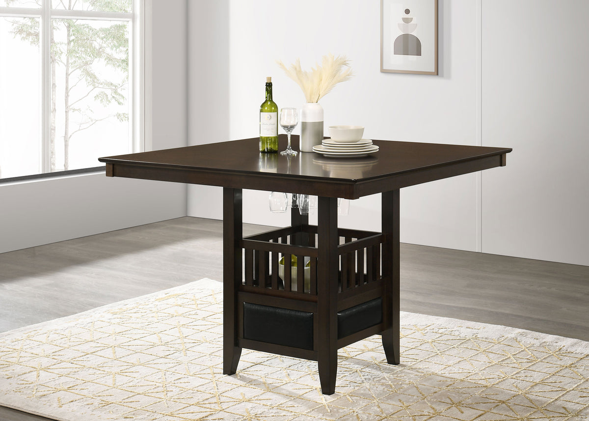 Jaden 47" Square Counter Height Dining Table & Set - Espresso with Wine Storage Base & Leatherette Chairs – view 1