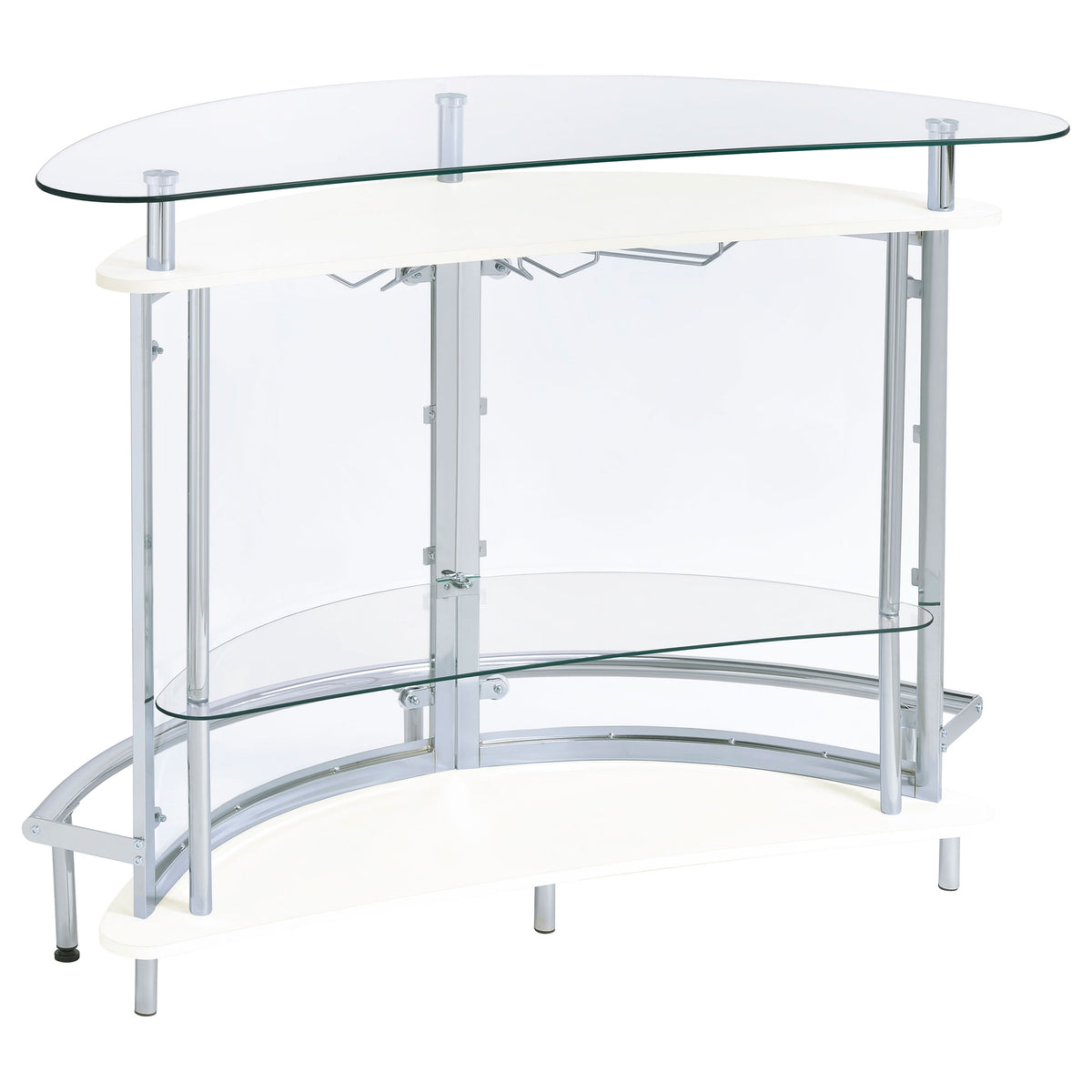 Amarillo Curved Home Bar with Glass Top & Wine Glass Rack - Contemporary White with Chrome Accents – view 7