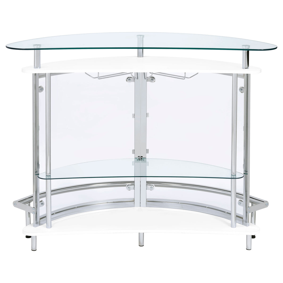 Amarillo Curved Home Bar with Glass Top & Wine Glass Rack - Contemporary White with Chrome Accents – view 8