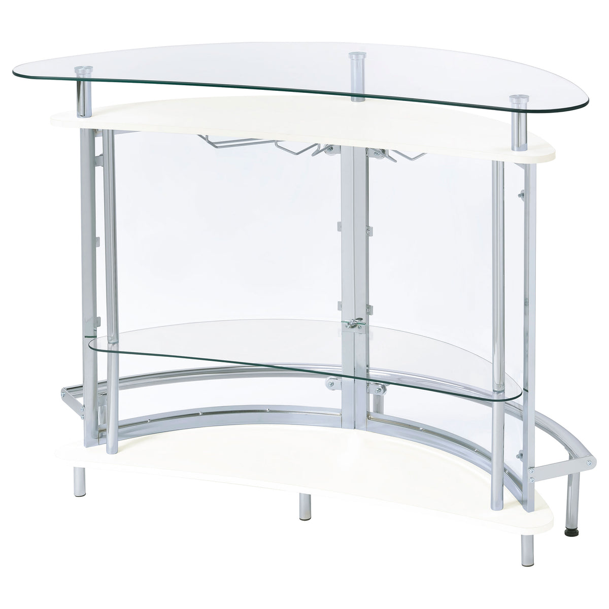 Amarillo Curved Home Bar with Glass Top & Wine Glass Rack - Contemporary White with Chrome Accents – view 9