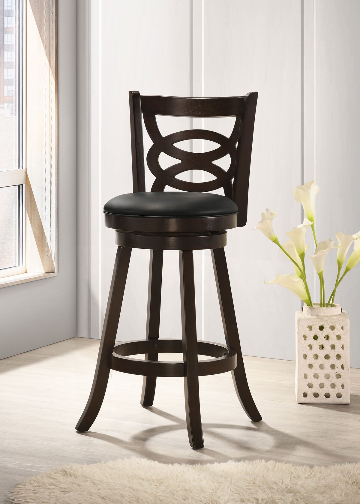 Calecita Open-Back Swivel Counter or Bar Stools, Set of 2 - Cappuccino Wood & Black Leatherette – view 15