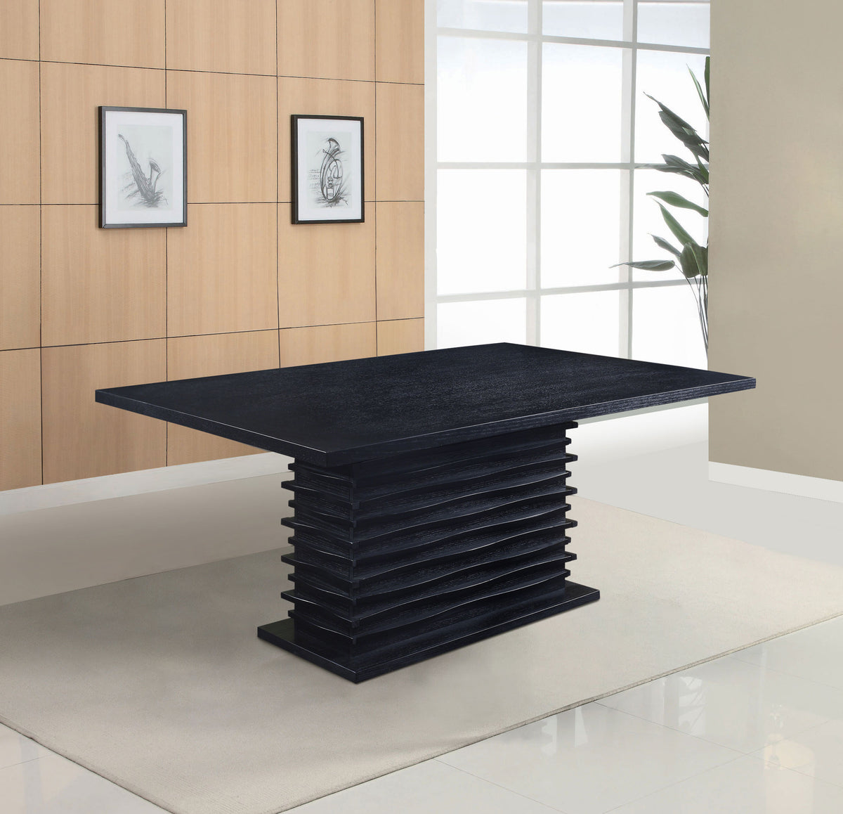 Stanton Dining Collection - 66" Black Pedestal Table, Grey Velvet Chairs & Wave-Front Sideboard – view 1