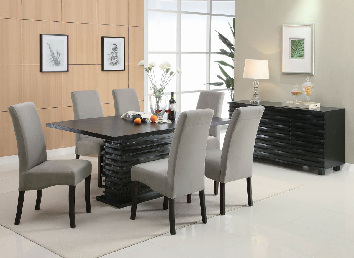 Stanton Dining Collection - 66" Black Pedestal Table, Grey Velvet Chairs & Wave-Front Sideboard – view 11