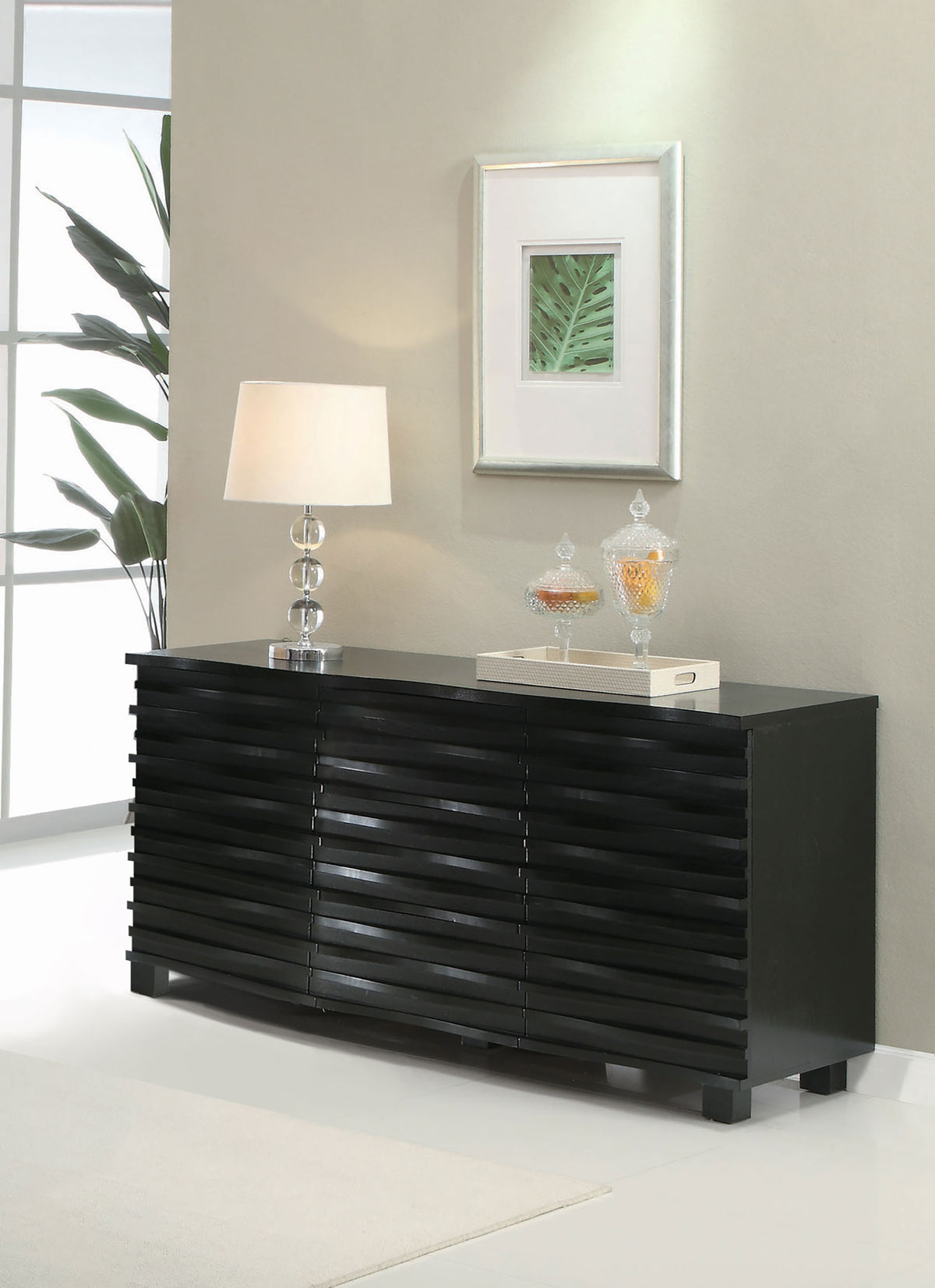 Stanton Dining Collection - 66" Black Pedestal Table, Grey Velvet Chairs & Wave-Front Sideboard - lifestyle