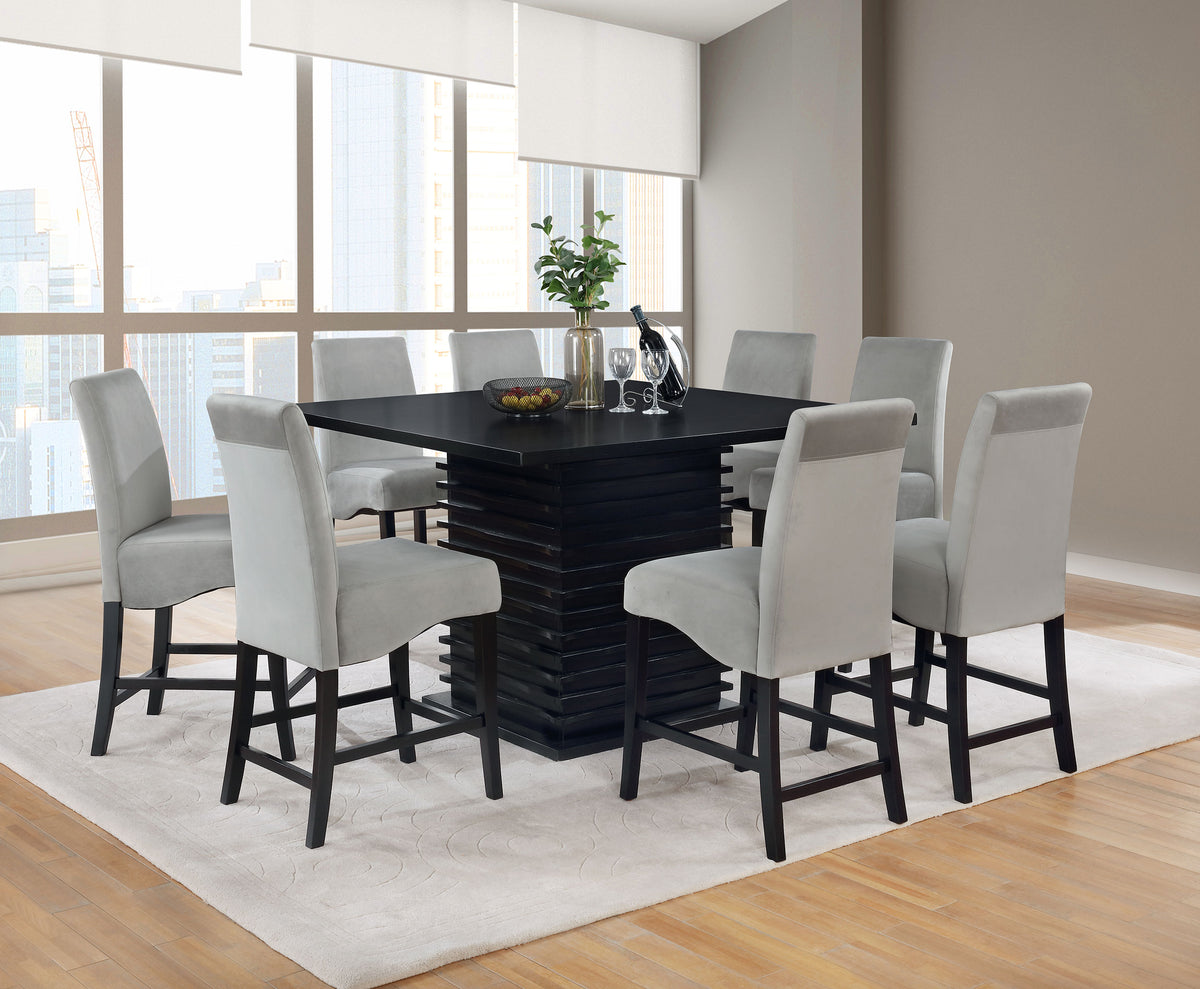 Stanton Square Counter Height Dining Table & Sets - Wave Pedestal Base in Black with Grey Velvet Chairs – view 12