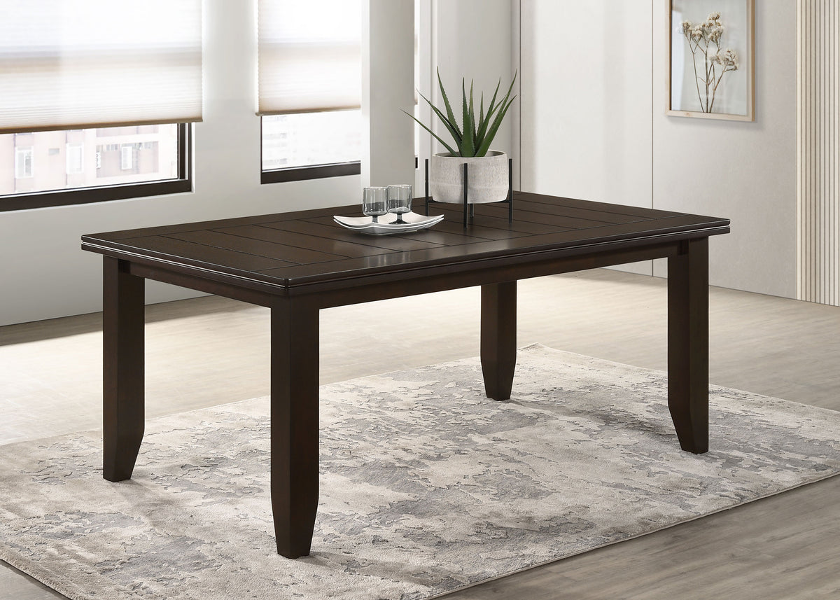 Dalila 66" Plank-Top Dining Table & Sets - Cappuccino Wood with Ladder-Back Chairs & Tufted Bench β view 1