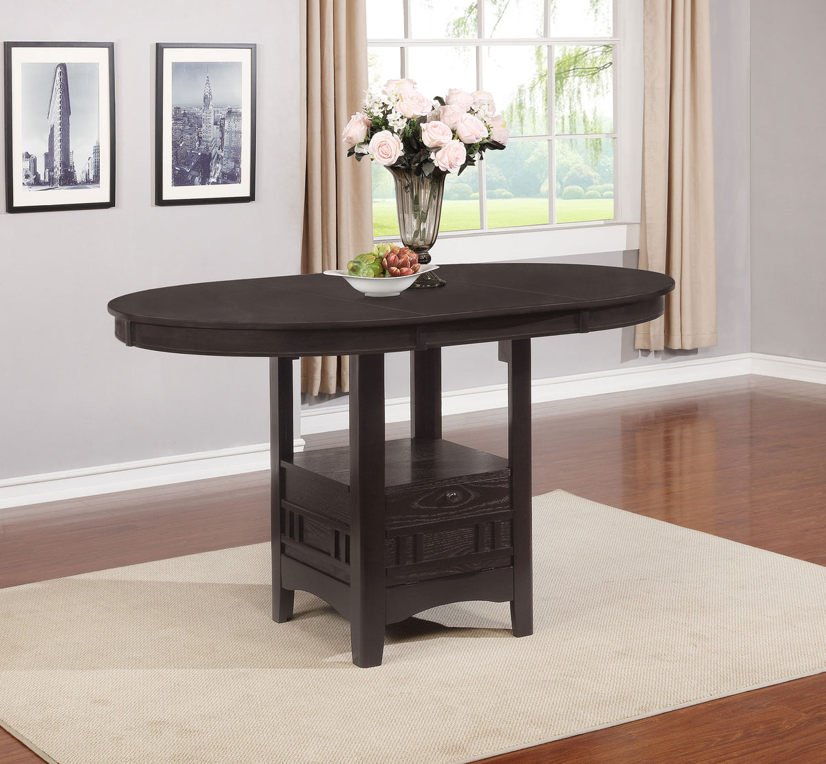 Lavon Oval Counter Height Extension Table & 5-Piece Set - Espresso with Storage Pedestal & Grid-Back Stools – view 1