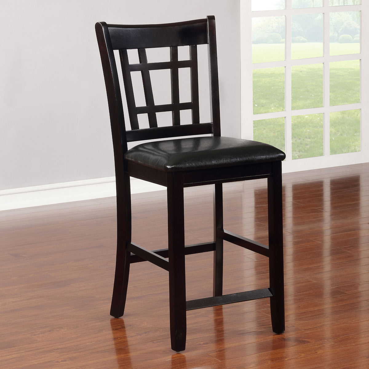 Lavon Oval Counter Height Extension Table & 5-Piece Set - Espresso with Storage Pedestal & Grid-Back Stools - lifestyle