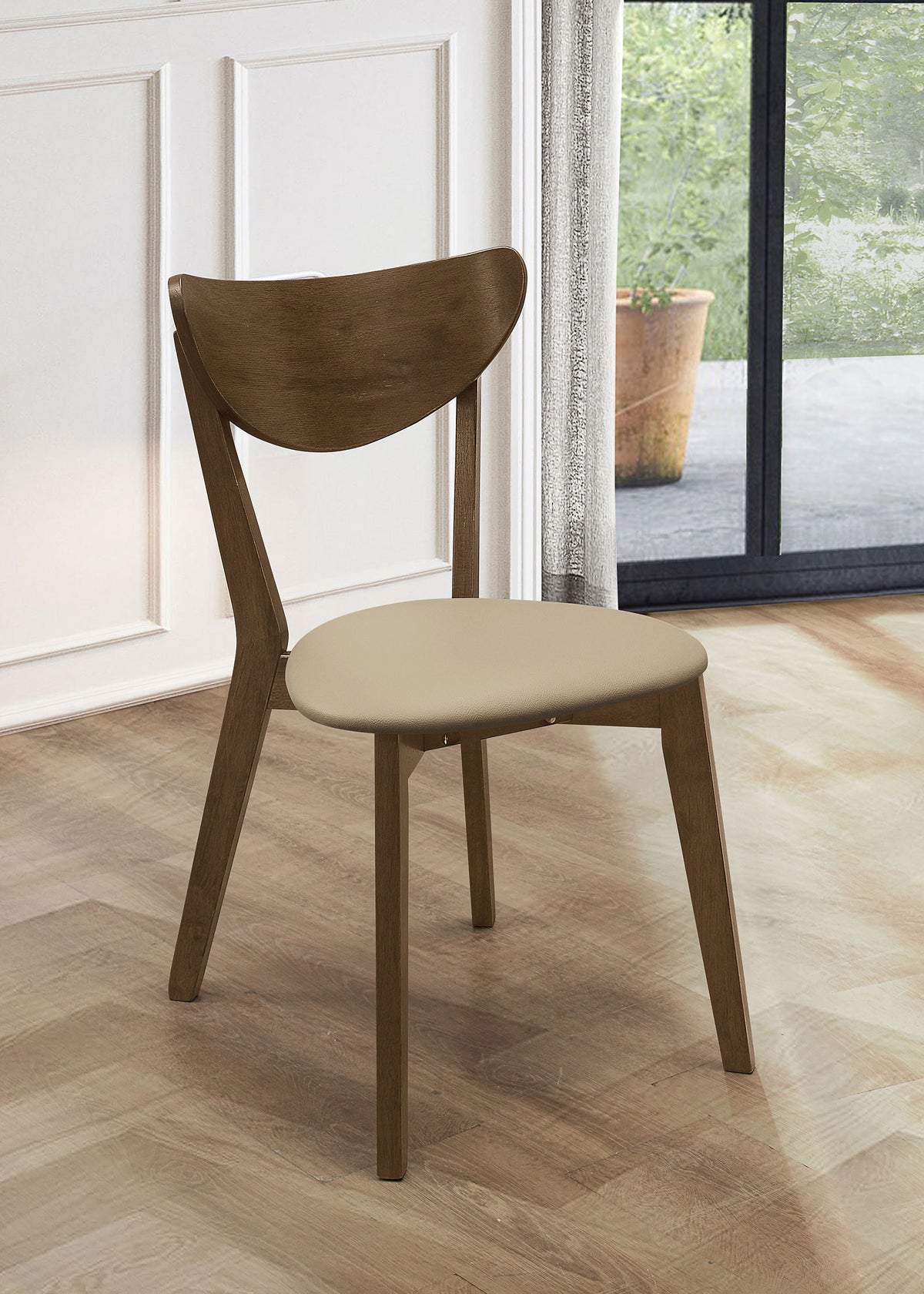 Kersey 47" Dining Table & 5-Piece Set - Mid-Century Chestnut with Tan Leatherette Side Chairs - lifestyle