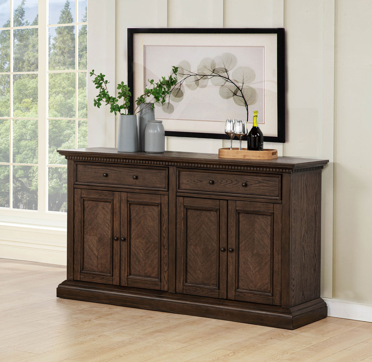Baney Ridgewell Dining Collection - Trestle Extension or Round Pedestal Table, Tufted Wingback Chairs in Dark Oak - lifestyle