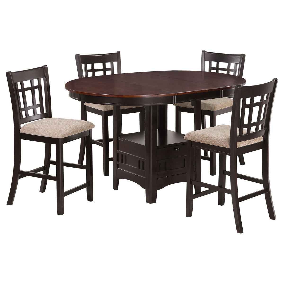 Lavon Counter Height Extension Dining Table & Set - Round-to-Oval Pedestal with Storage in Light Chestnut & Espresso – view 11