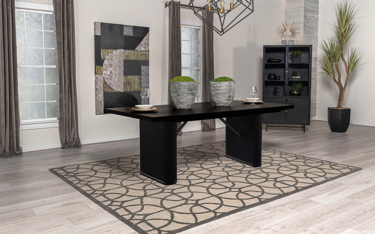 Catherine 84" Double Pedestal Dining Table & Sets - Fluted Black Oak with Grey Upholstered Arm Chairs – view 1