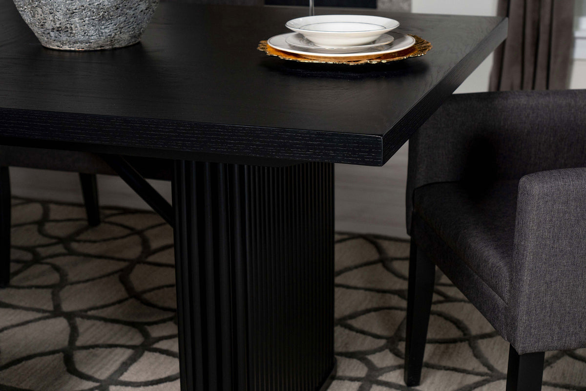 Catherine 84" Double Pedestal Dining Table & Sets - Fluted Black Oak with Grey Upholstered Arm Chairs – view 12