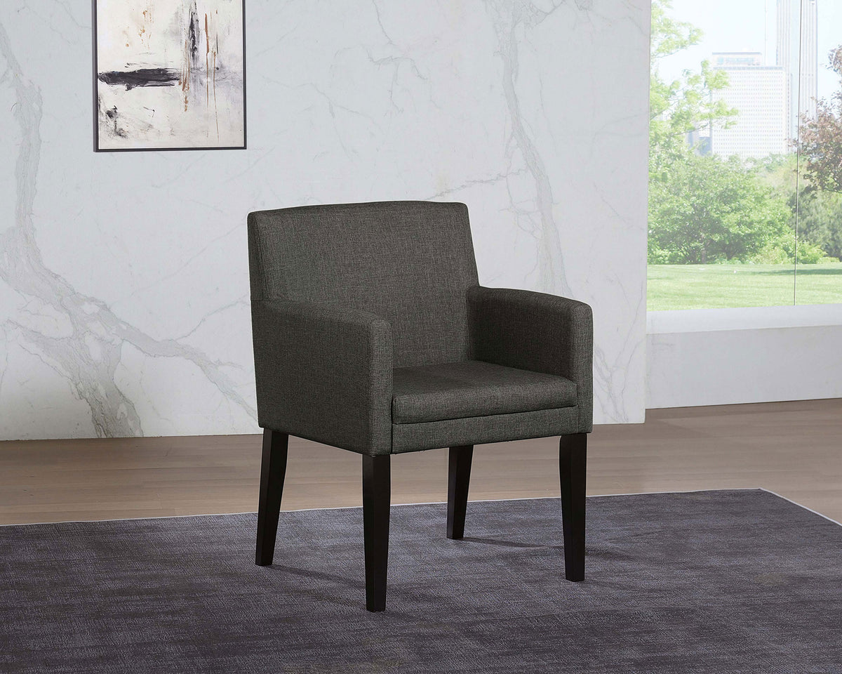 Catherine 84" Double Pedestal Dining Table & Sets - Fluted Black Oak with Grey Upholstered Arm Chairs - lifestyle