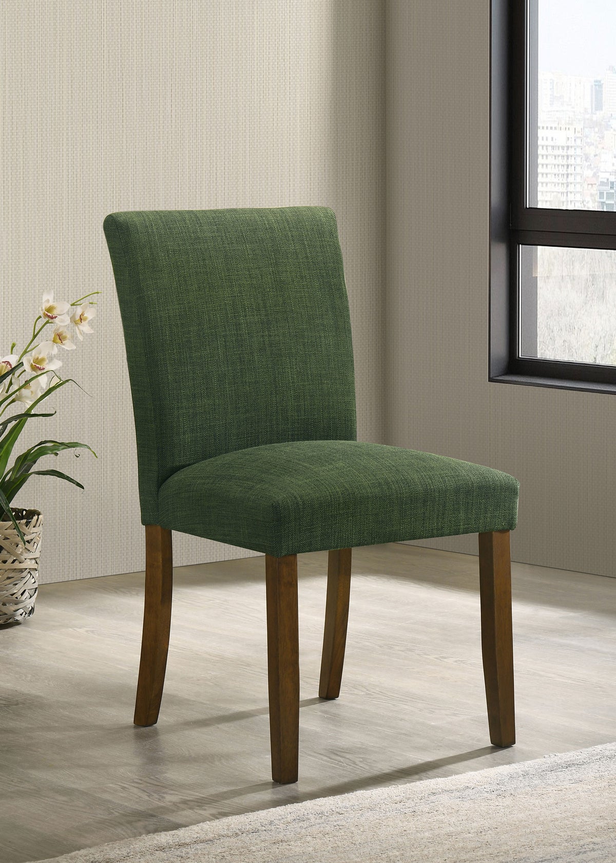 Paxton Upholstered Dining Side Chairs, Set of 2 - Green Fabric with Brown Wood Legs – view 1
