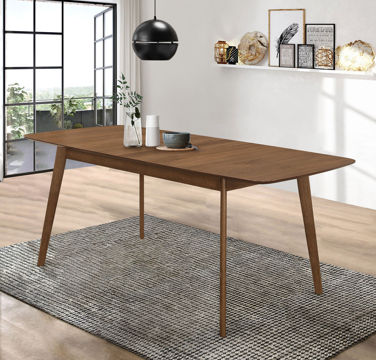 Redbridge Butterfly Leaf Dining Table & Sets - Mid-Century Walnut with Grey Fabric or Black Leatherette Chairs β view 1
