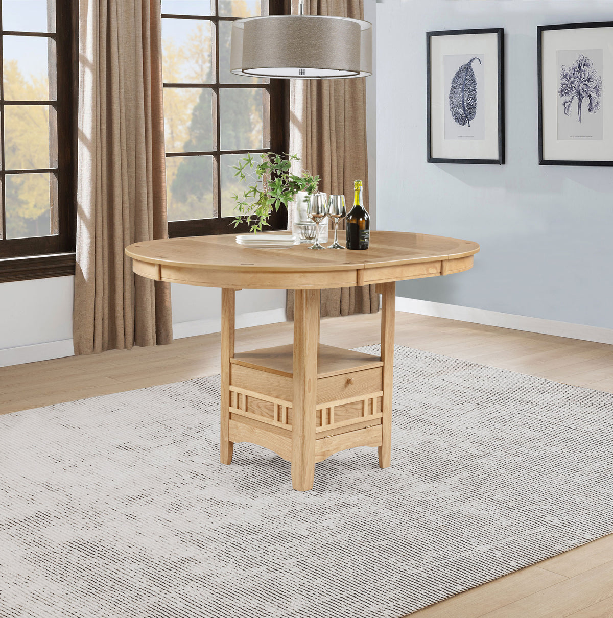 Lavon Oval Counter Height Extension Dining Table & Sets - Light Oak with Storage Pedestal & Linen Lattice-Back Chairs โ view 1
