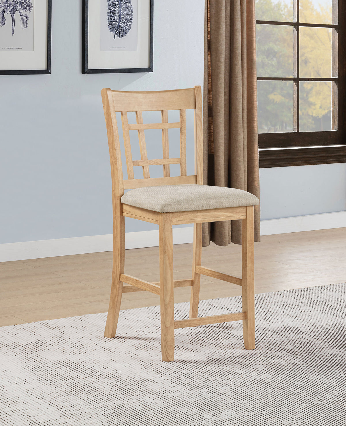 Lavon Oval Counter Height Extension Dining Table & Sets - Light Oak with Storage Pedestal & Linen Lattice-Back Chairs - lifestyle