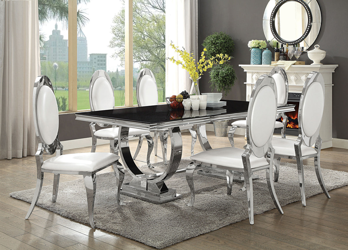 Anchorage 95" Black Glass Top Dining Table & Cream Leatherette Side Chairs - Polished Stainless Steel โ view 6