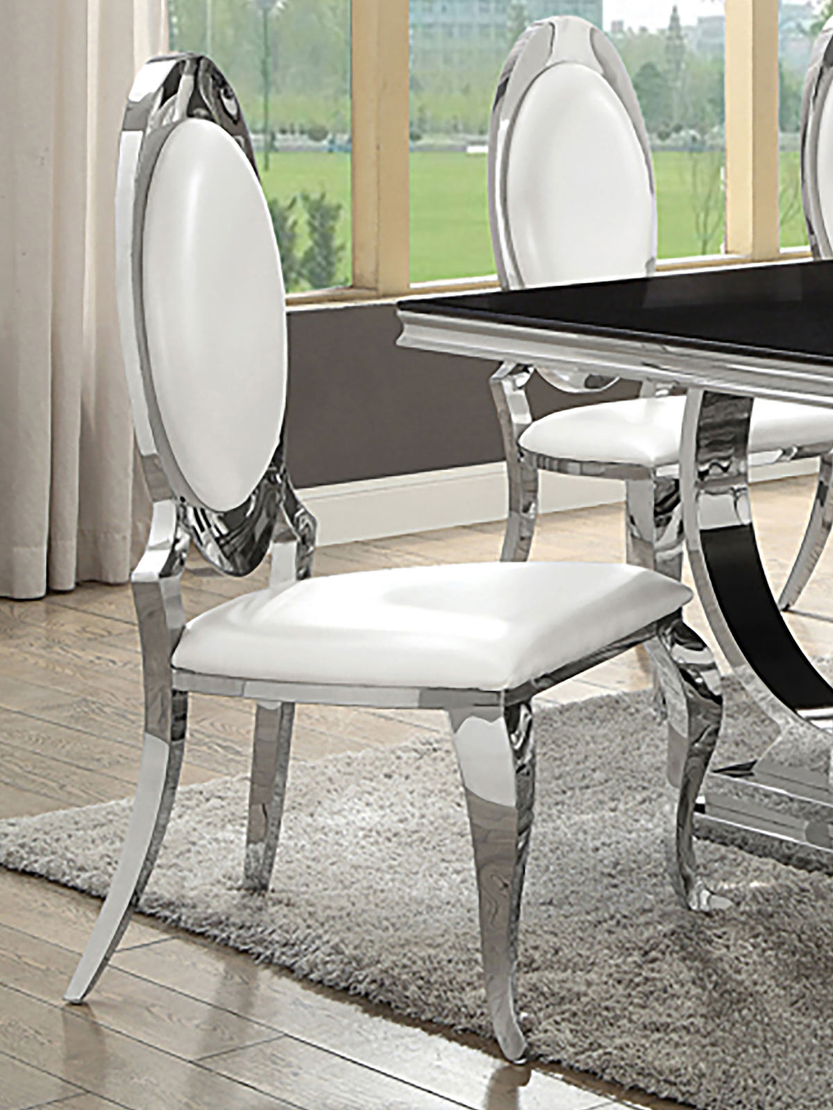 Anchorage 95" Black Glass Top Dining Table & Cream Leatherette Side Chairs - Polished Stainless Steel โ view 2