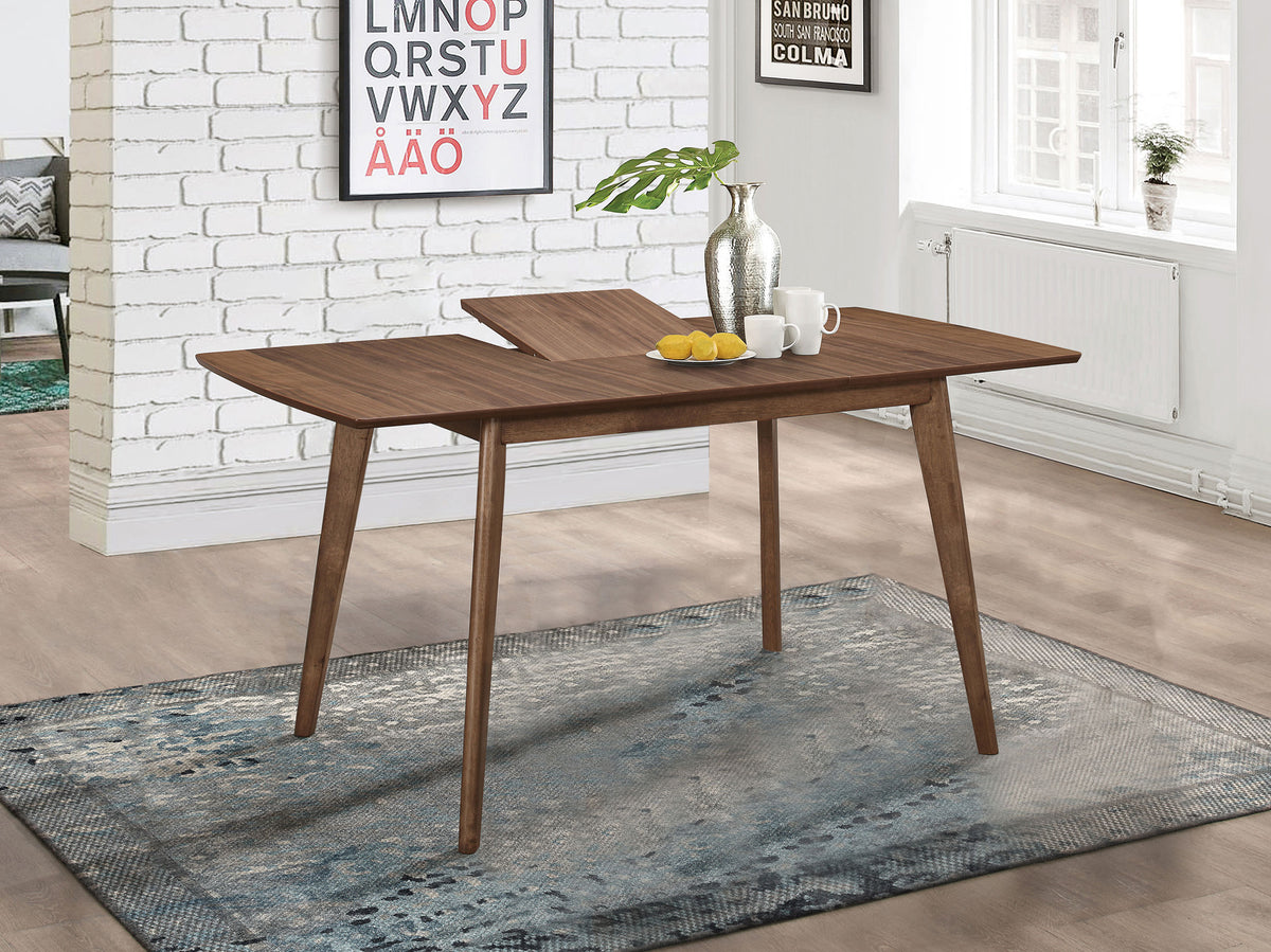 Alfredo Mid-Century Butterfly Leaf Dining Table & Sets - Natural Walnut with Grey Upholstered Chairs & Bench – view 1