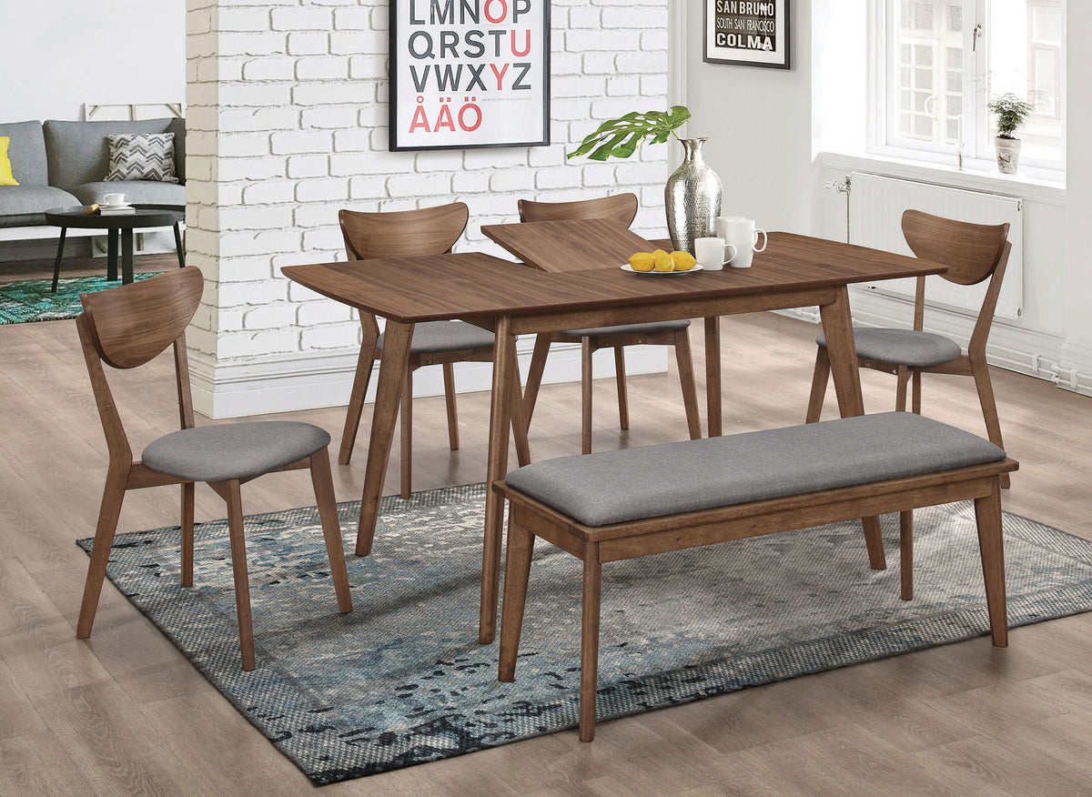 Alfredo Mid-Century Butterfly Leaf Dining Table & Sets - Natural Walnut with Grey Upholstered Chairs & Bench – view 12