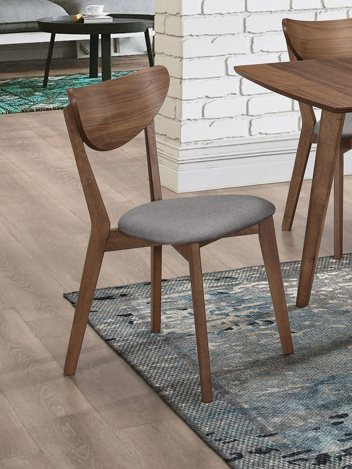 Alfredo Mid-Century Butterfly Leaf Dining Table & Sets - Natural Walnut with Grey Upholstered Chairs & Bench - lifestyle