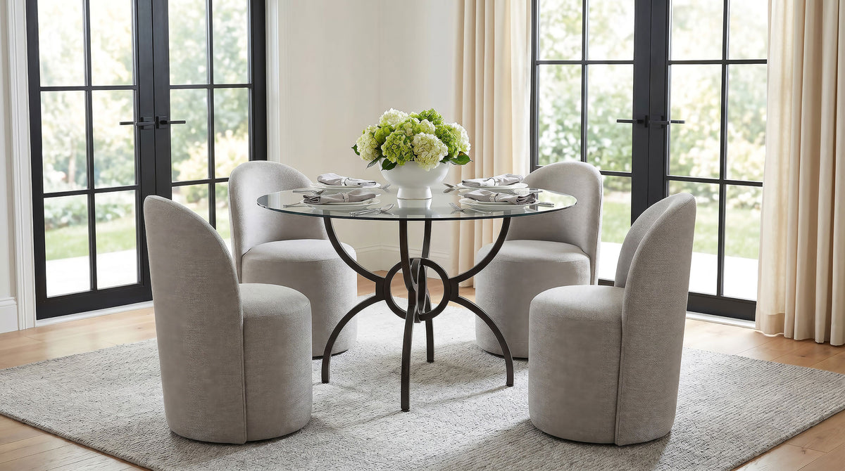 Aviano 48" Round Glass Top Dining Table & Base - Sculptural Ring-Motif Metal Base in Gunmetal – view 10
