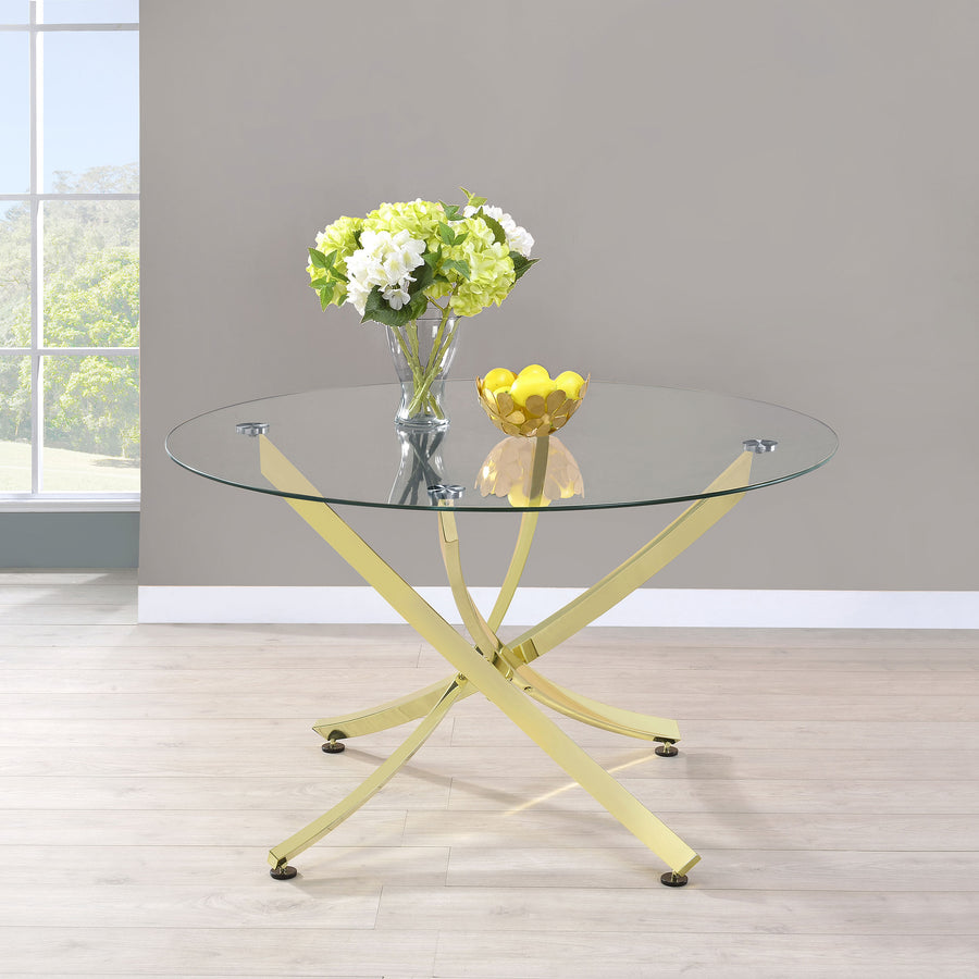 Beckham 46" Round Glass Top Dining Table - Sculptural Asterisk Base in Brass