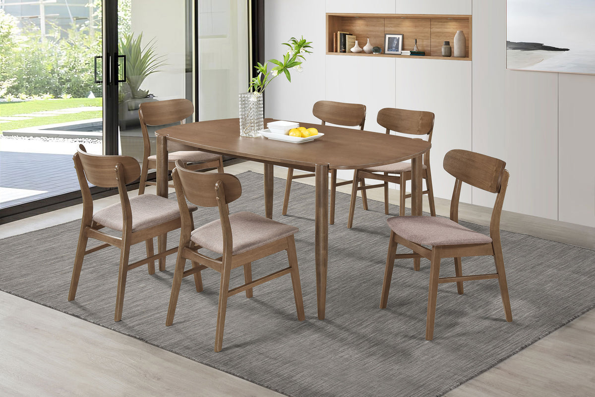 Dortch 63" Dining Table & Sets - Mid-Century Walnut Rubberwood with Curved-Back Brown Upholstered Chairs – view 13