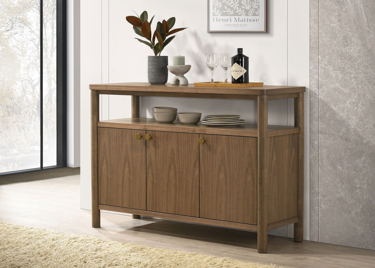 Crestmore Dining Collection - 71" Rectangular Trestle or 46" Round Table, Wedge-Back Chairs & Sideboard in Walnut - lifestyle