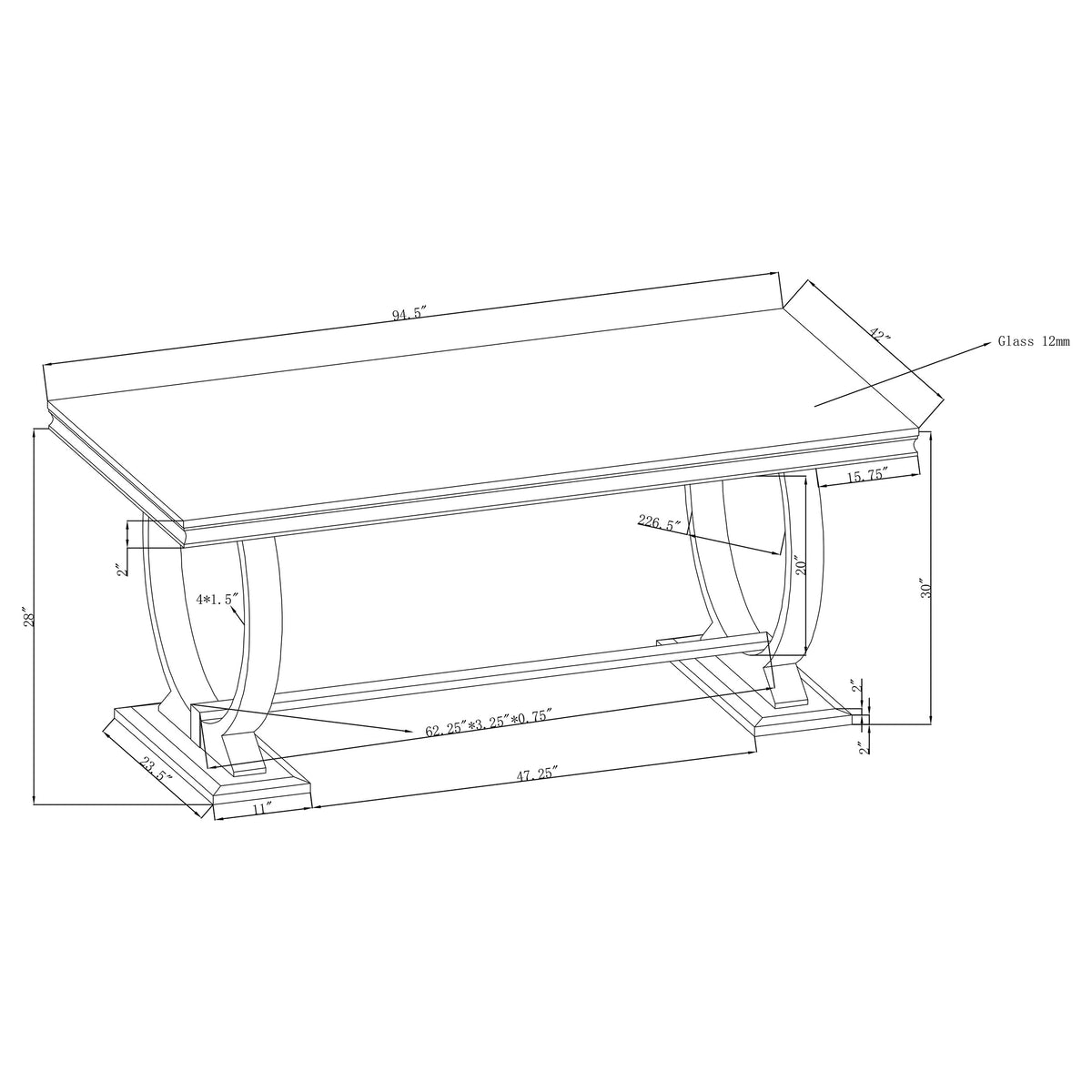 Antoine 95" Rectangular Glass Top Dining Table - Contemporary Polished Stainless Steel Trestle Base – view 3