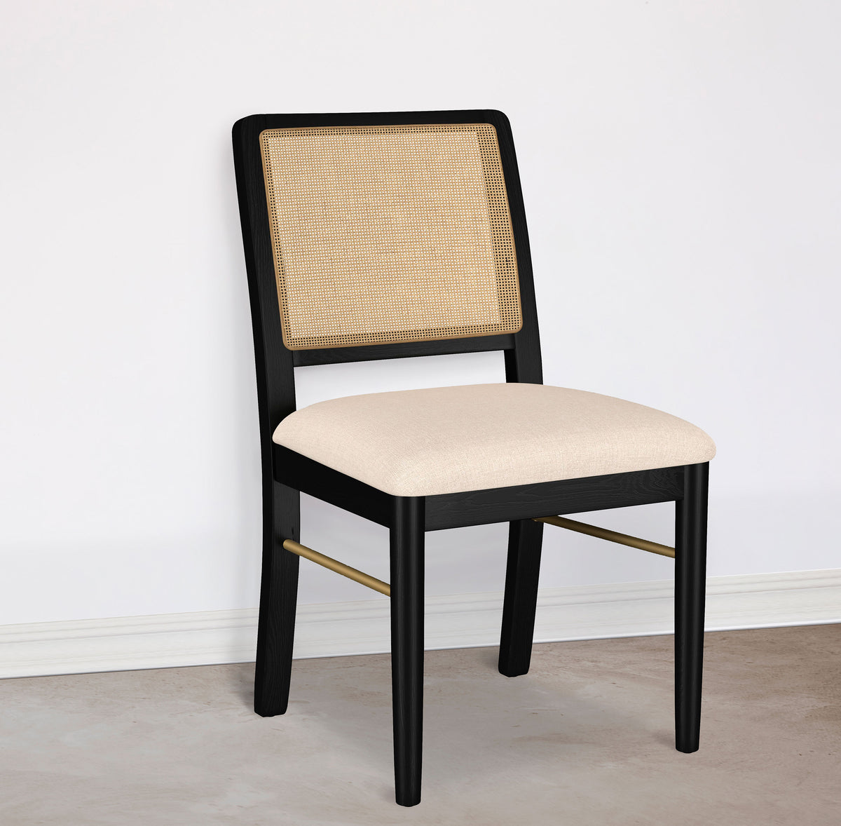 Arini Round or Extension Dining Table & Sets - Sand Wash Ash with Rattan Cane Chairs & Aged Brass Accents - lifestyle