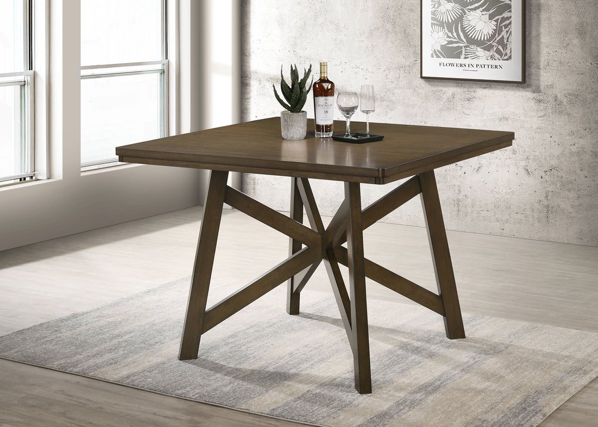 Canfield 47" Square Counter Height Dining Table & Set - Brown Mindi Veneer with Grey Upholstered Chairs – view 1