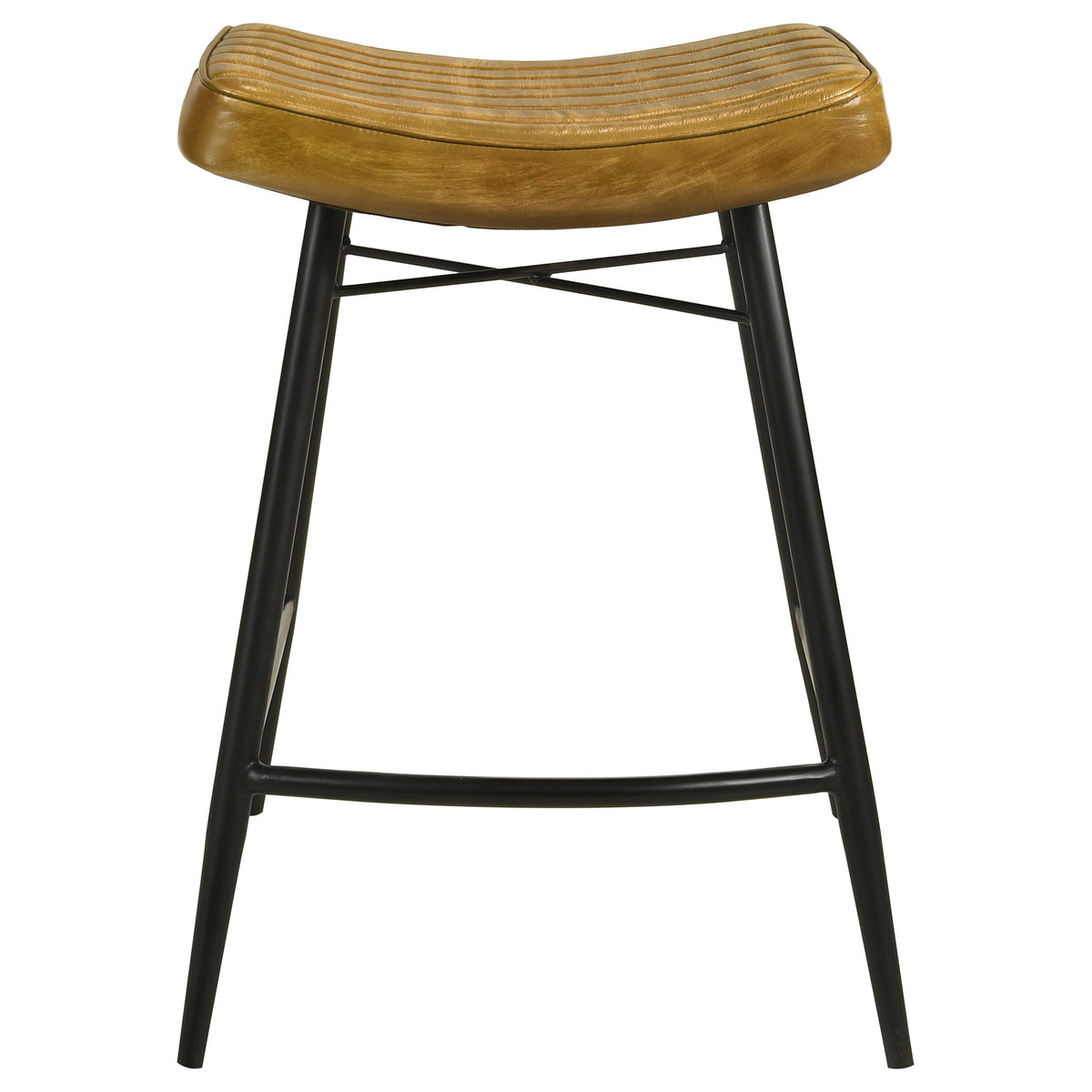 Bayu Genuine Leather Backless Counter Stools (Set of 2) - Channel Tufted Antique Camel with Black Iron Base – view 4