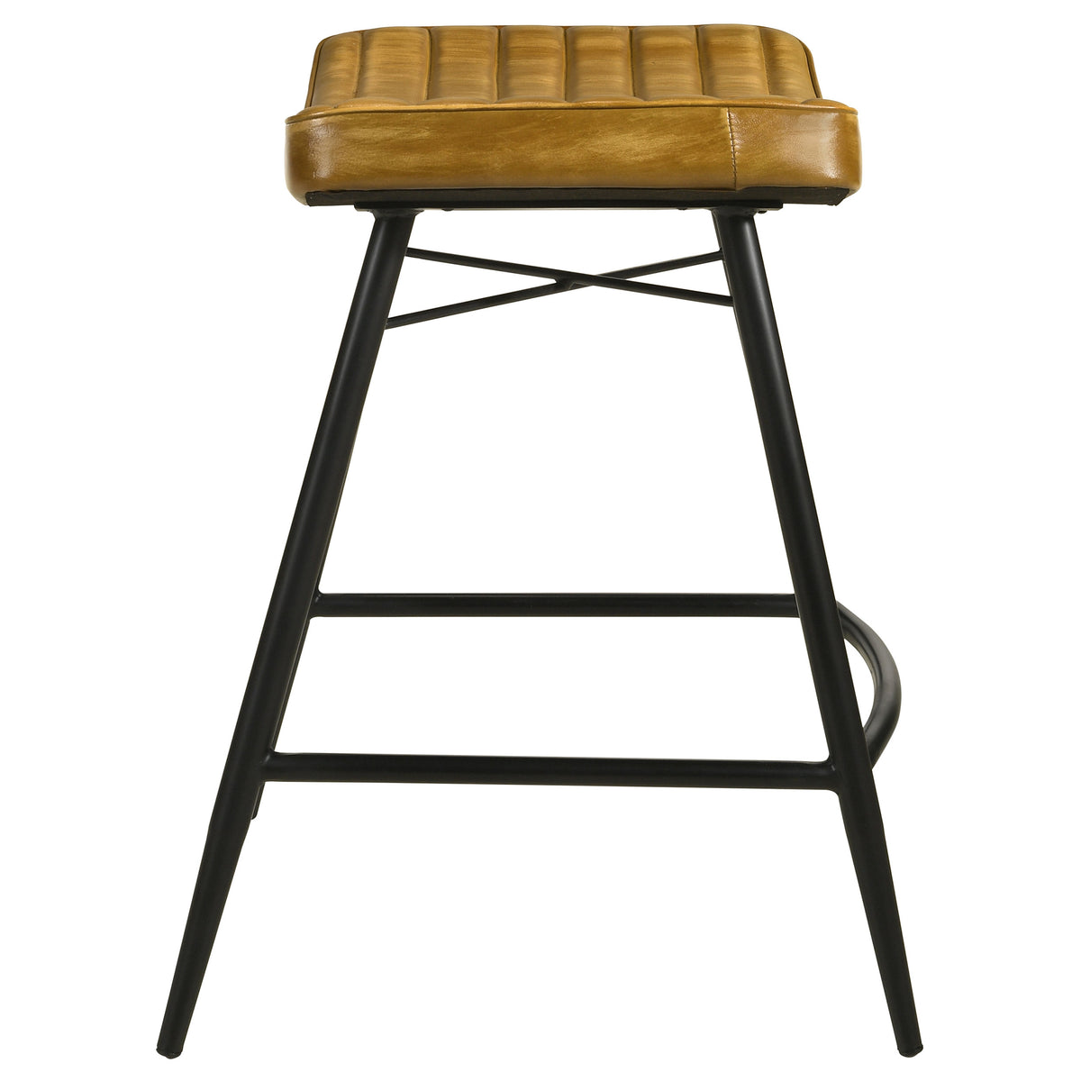 Bayu Genuine Leather Backless Counter Stools (Set of 2) - Channel Tufted Antique Camel with Black Iron Base – view 7