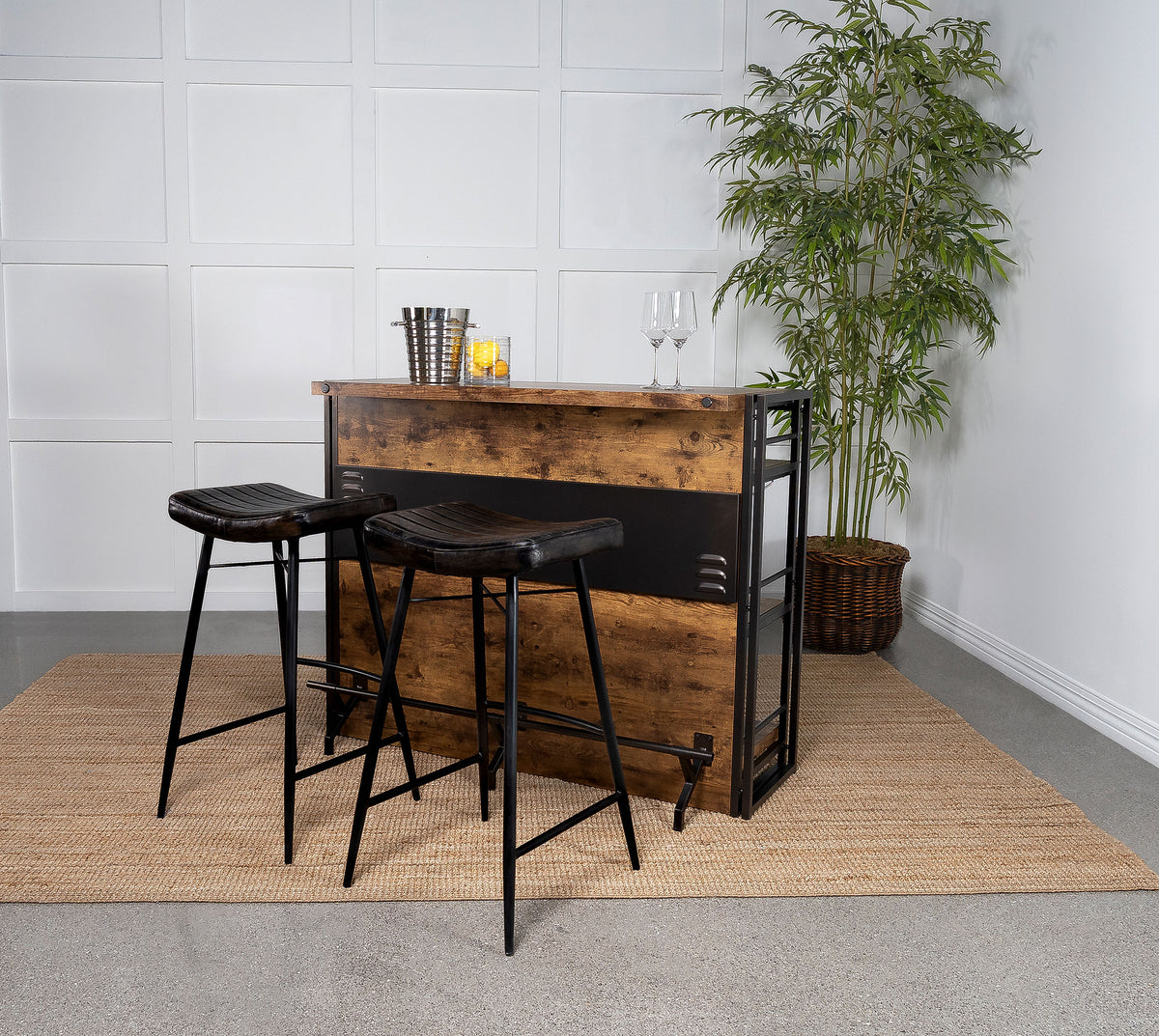 Bayu Backless Leather Bar & Counter Stools - Channel-Tufted Antique Espresso on Black Iron, Set of 2 – view 17