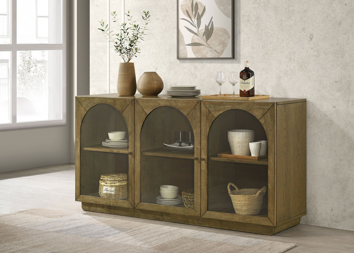Castlewood 71" Dining Table, Sets & Sideboard - Mid-Century Brown Oak with Light Tan Chenille Chairs - lifestyle