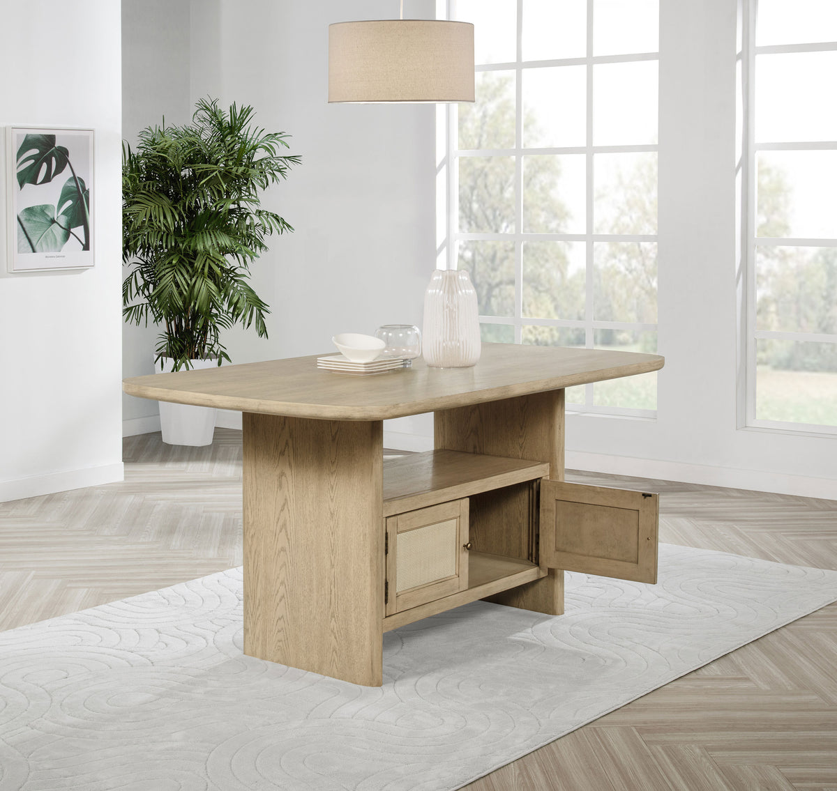 Kailani Counter Height Storage Dining Table & Sets - Coastal Beige Oak with Woven-Look Counter Chairs – view 1