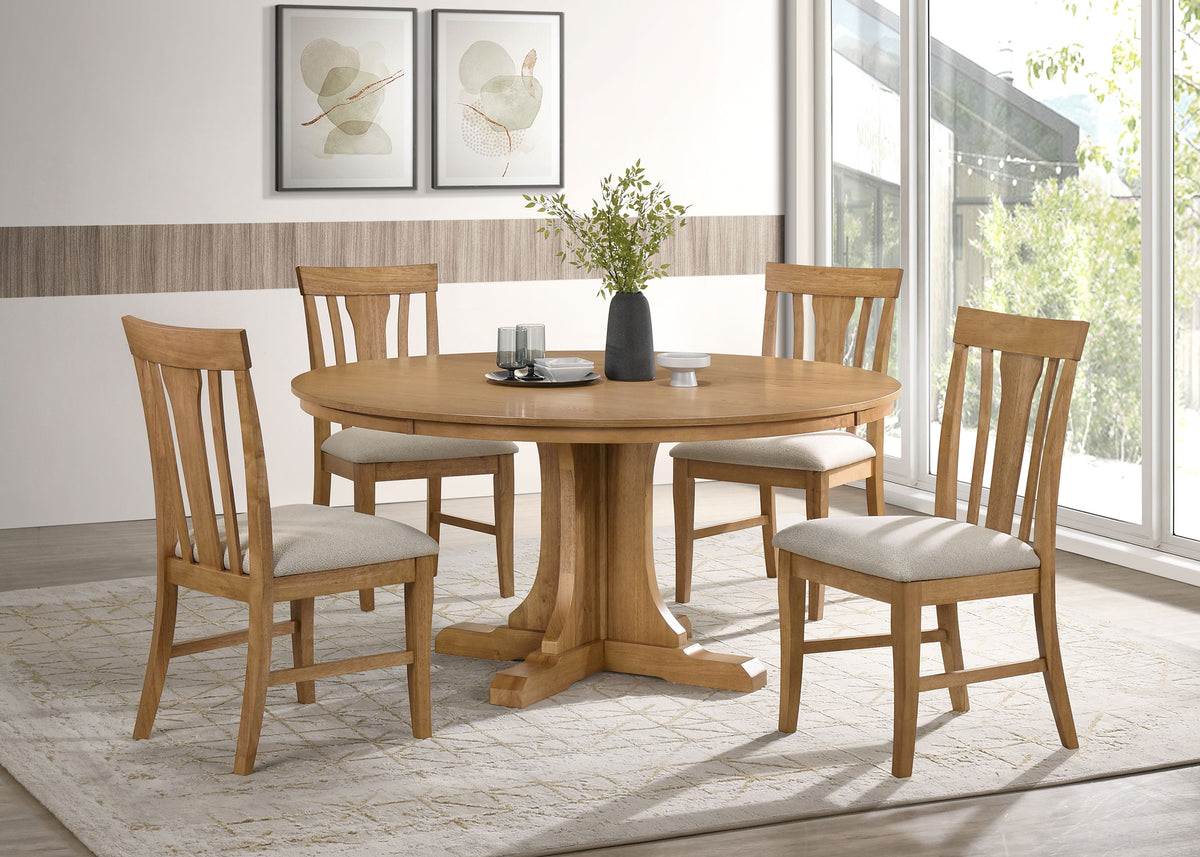 Hartville 60" Round Pedestal Dining Table & Sets - Slat-Back Chairs in Natural Light Brown โ view 11