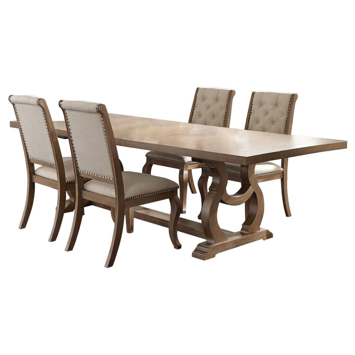 Brockway Extension Dining Table & Sets - Double Pedestal Barley Brown with Tufted Cream Chairs & Sideboard