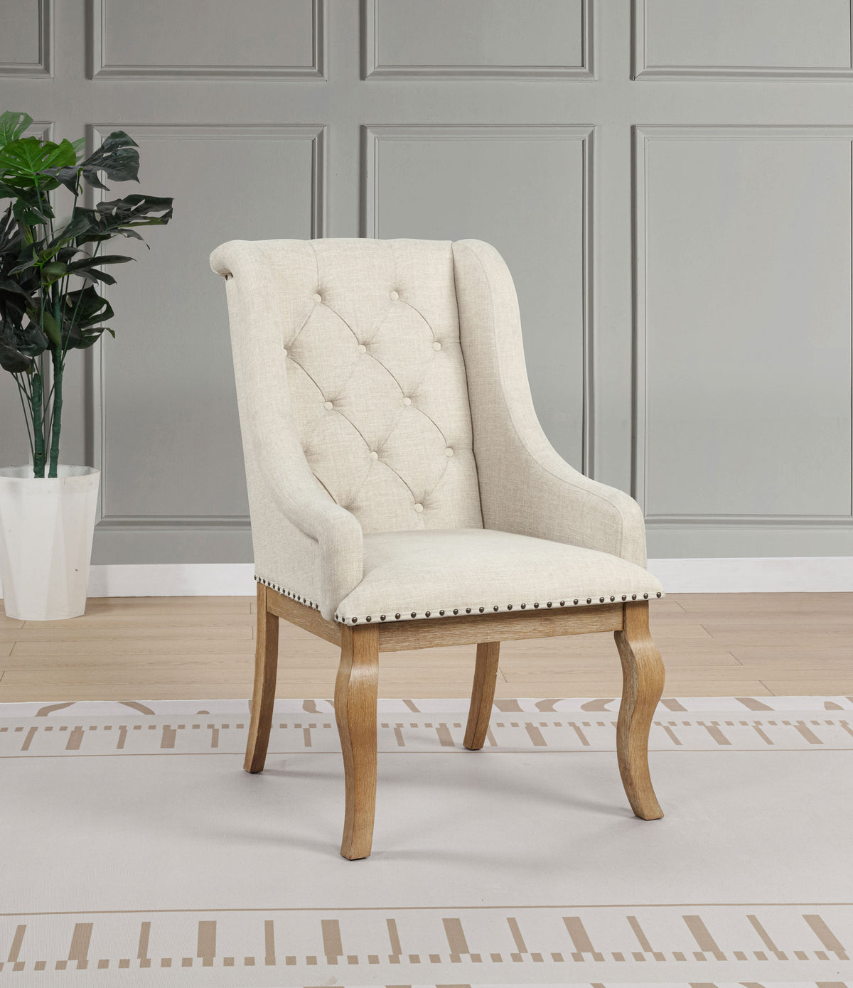 Brockway Extension Dining Table & Sets - Double Pedestal Barley Brown with Tufted Cream Chairs & Sideboard - lifestyle