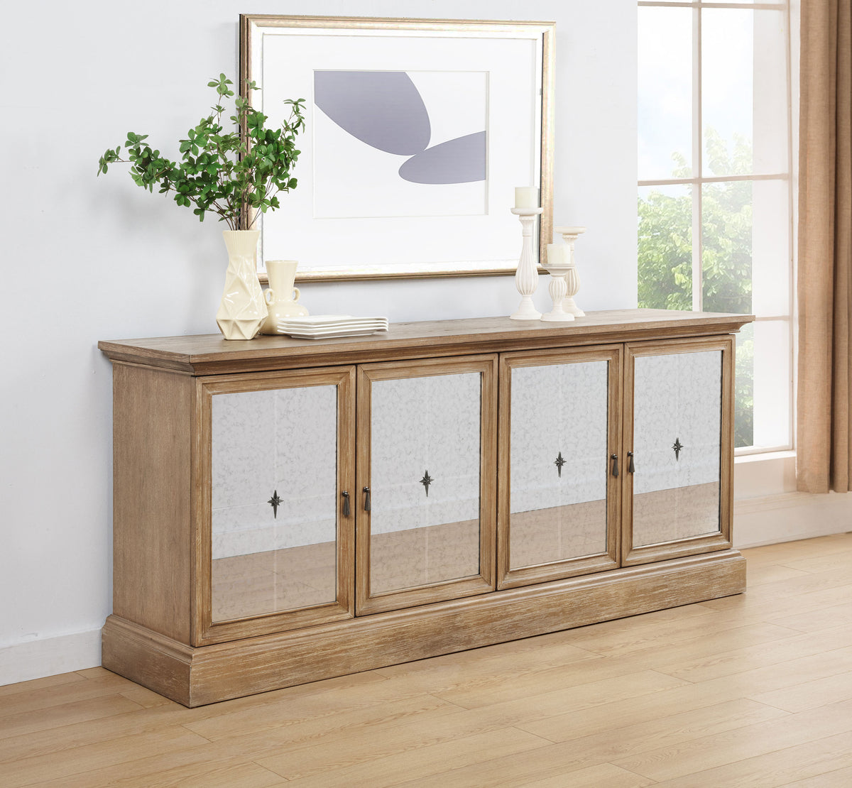 Brockway Extension Dining Table & Sets - Double Pedestal Barley Brown with Tufted Cream Chairs & Sideboard - lifestyle
