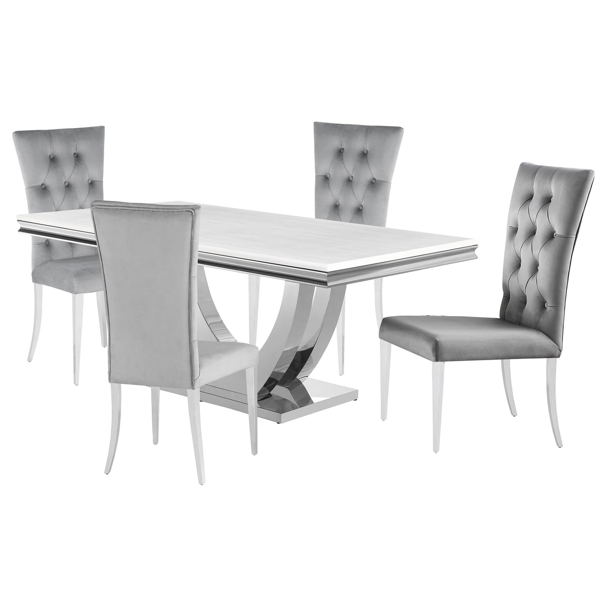 Kerwin 71" Stone Top Dining Table & Sets - White Sintered Stone on Chrome Pedestal with Grey Velvet Chairs – view 13