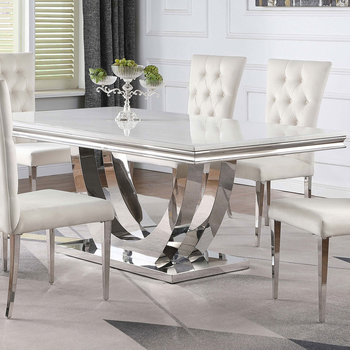 Kerwin 71" Stone Top Dining Table & Sets - White Sintered Stone on Chrome Pedestal with Grey Velvet Chairs – view 1