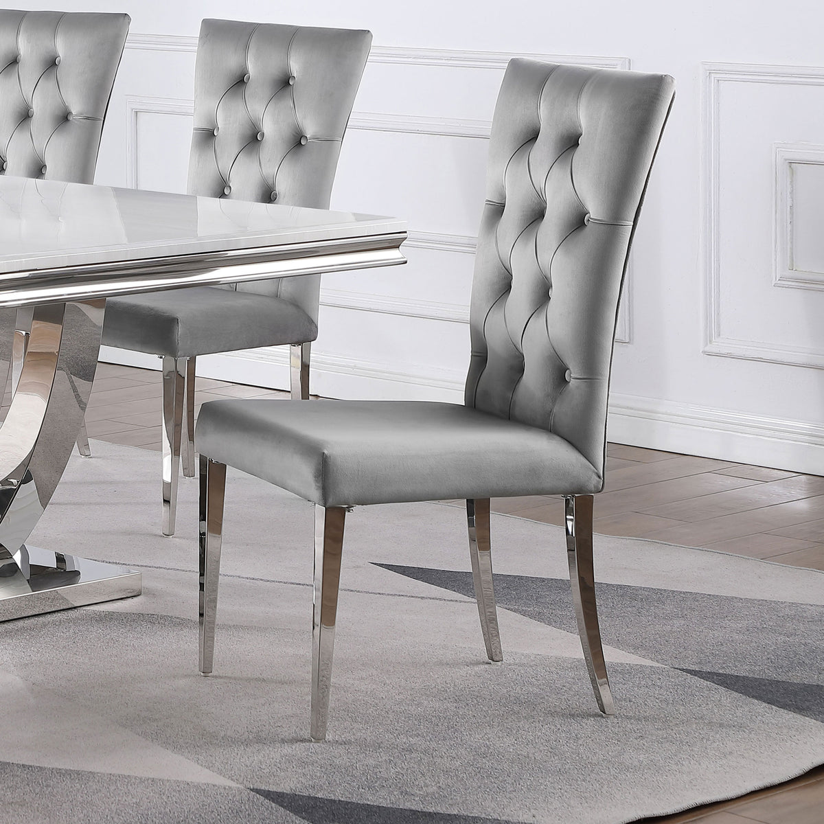 Kerwin 71" Stone Top Dining Table & Sets - White Sintered Stone on Chrome Pedestal with Grey Velvet Chairs - lifestyle