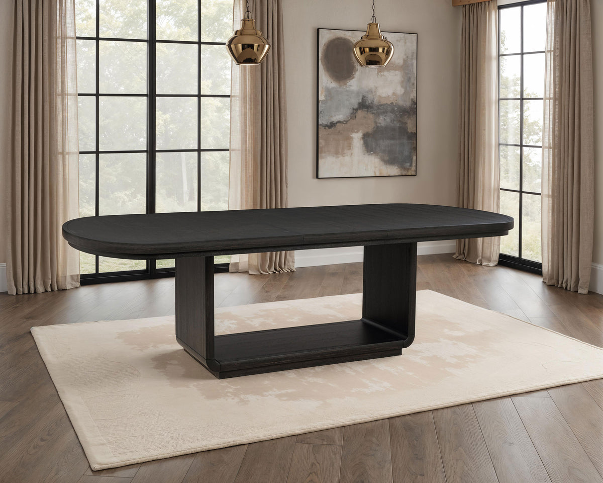 Leandro Pedestal Dining Collection - 60" Round or 78"-96" Extension Table in Burnished Black with Cream Chairs - lifestyle