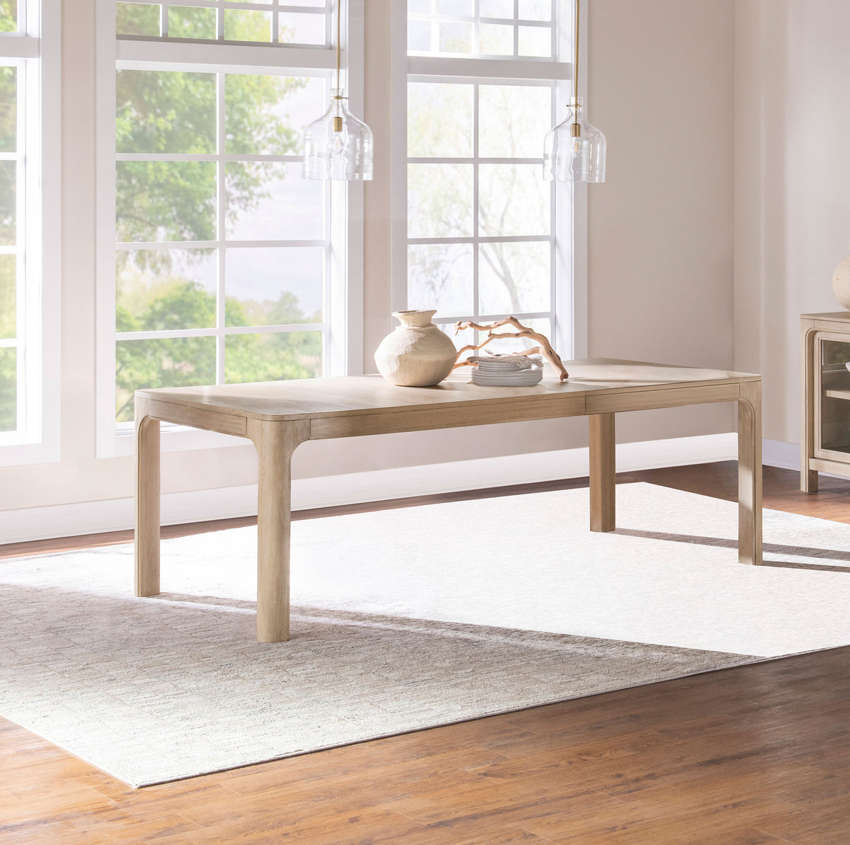 Solano 90" Extension Dining Table & Sets - Weathered Mango with Curved Legs, Beige Upholstered Chairs & Sideboard – view 1