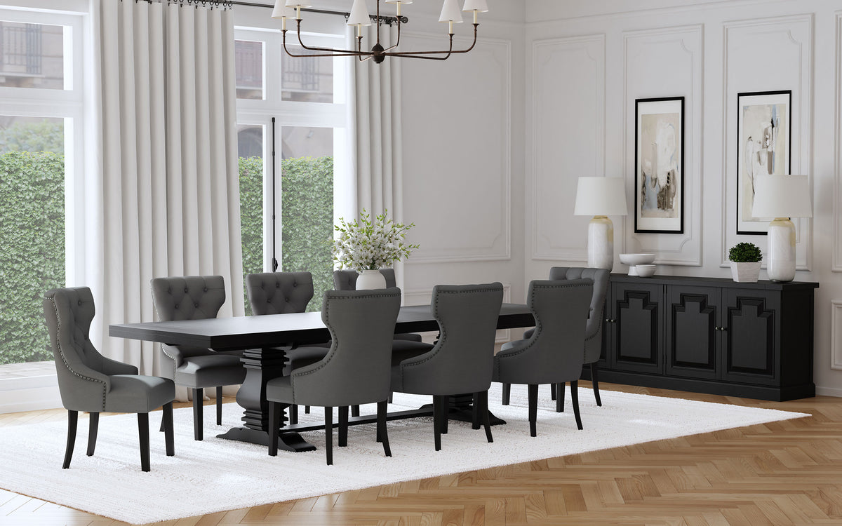 Baney Extension Dining Collection - Distressed Black Trestle Table, Round Pedestal Table, Sideboard & Wingback Chairs